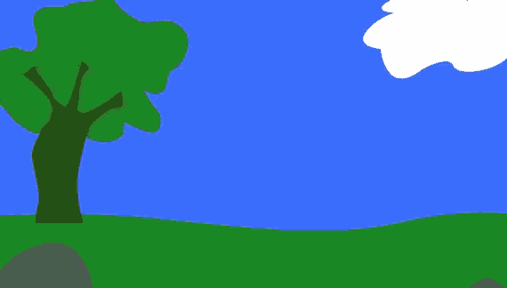 a cartoon drawing of a tree with a red ball hanging from it