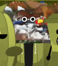 a cartoon character with glasses and a smiley face is looking at something .