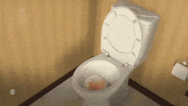 a toilet with a peach in it is shown on the late show