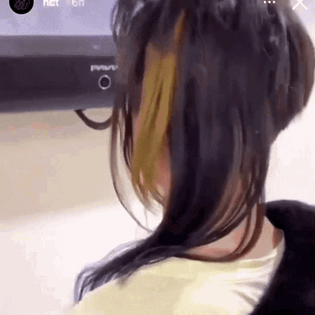 a close up of a person 's back with long hair and yellow highlights .