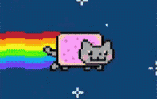 a pixel art of a cat flying through the air with a rainbow coming out of its mouth .