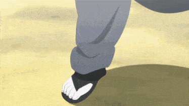a person wearing a pair of flip flops walking on a sandy surface