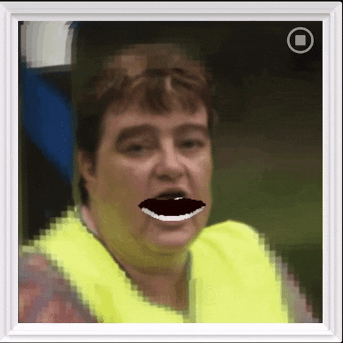 a pixelated image of a woman wearing a yellow vest with a black mouth