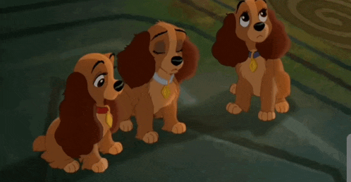 three cartoon dogs are sitting next to each other with one looking sad