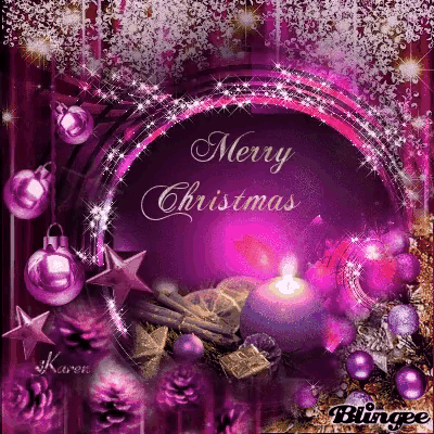 a merry christmas card with purple decorations