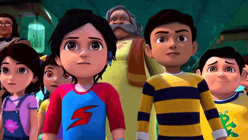 a group of cartoon characters including a boy wearing a blue shirt with a lightning bolt on the front