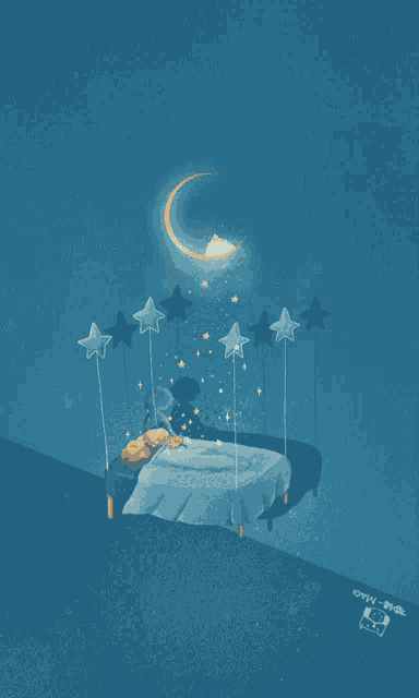 an illustration of a bed with stars and a crescent moon above it