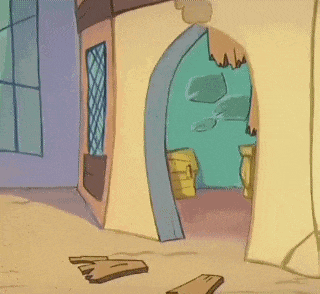a cartoon drawing of a building with a broken door and a broken window .