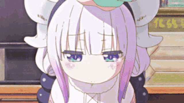 a close up of a cartoon girl with white hair and purple hair