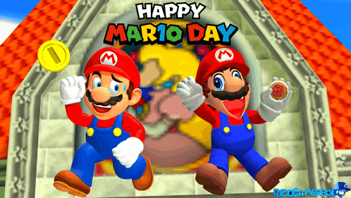 a happy mario day poster with two mario brothers