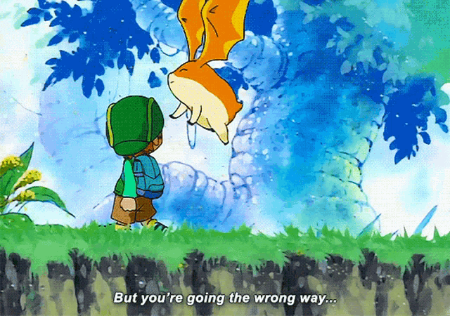 a cartoon character says " but you 're going the wrong way " in front of a fox