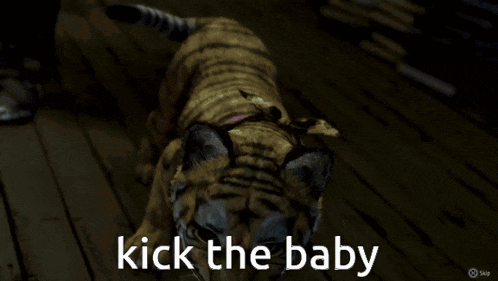 a video game scene with the words kick the baby on the bottom