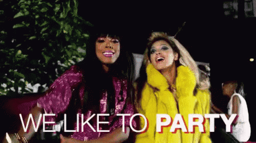 a couple of women standing next to each other with the words `` we like to party '' written on the screen .