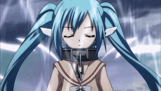 a girl with blue hair is chained to a collar