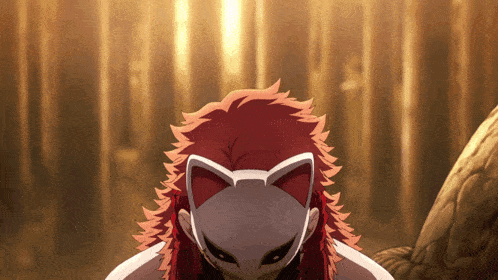 a person with red hair wearing a white mask