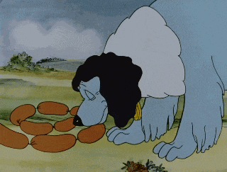 a cartoon dog is eating a bunch of sausages in a field