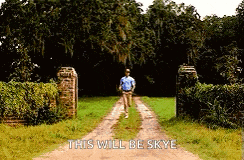 a man walking down a dirt road with the words this will be skye written on the bottom