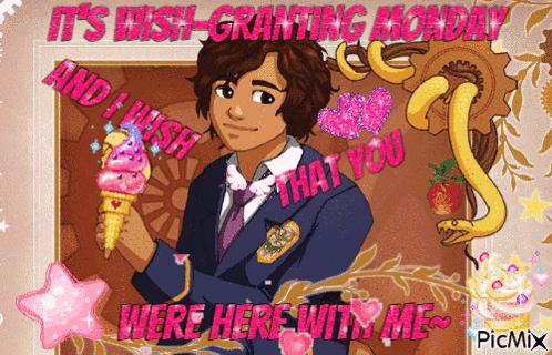 a cartoon of a boy holding an ice cream cone with the words " it 's wish granting monday " written on it