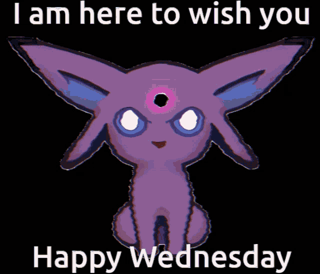 a picture of a purple eevee with the words " i am here to wish you happy wednesday "