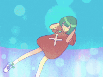 a girl with green hair and a red shirt with a cross on it