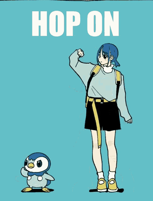 an illustration of a girl and a penguin with the words hop on written above them
