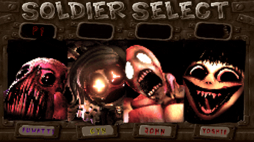 a soldier select screen with four monsters including cyn john and yosmite