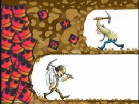 a cartoon of a man carrying a pickaxe walking through a tunnel