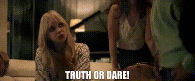 a woman is sitting on a couch with the words `` truth or dare '' written on the bottom .