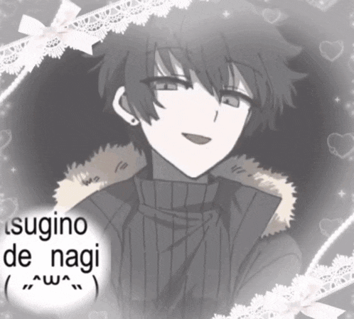 a black and white anime character with the name sugino de nagi