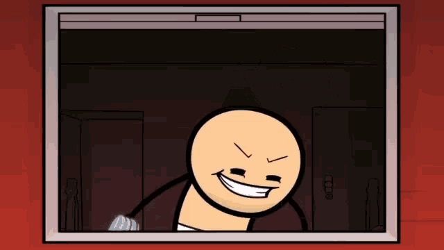 a cartoon character is smiling while looking out a window