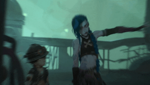 a girl with blue hair is standing next to a boy in a dark room