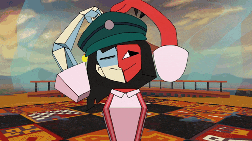 a cartoon character wearing a green hat and a pink shirt
