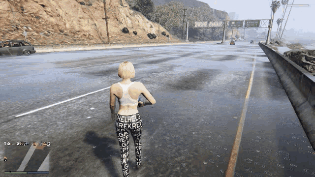 a woman walking down a highway in a video game with a sign above her that says ' no parking '