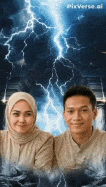 a man and a woman are standing in front of a lightning storm with pixverse.ai written on the bottom right