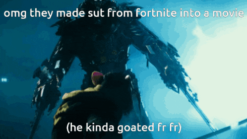 a picture of a robot with the caption omg they made suit from fortnite into a movie