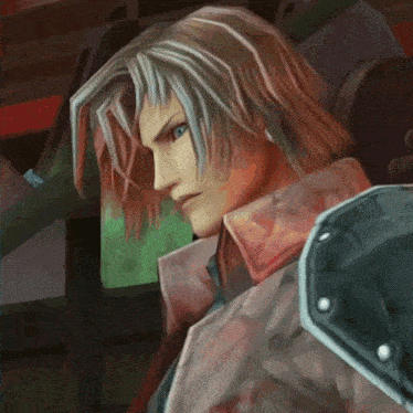 a close up of a video game character with gray hair and blue eyes