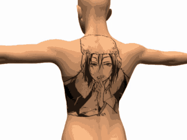 a woman has a tattoo on her back of a girl with a hat