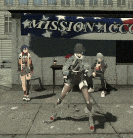 a group of people standing in front of a mission acc sign