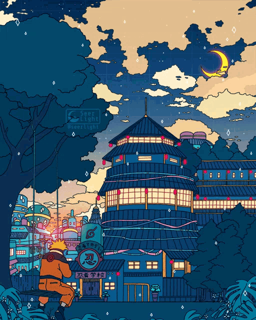 a cartoon drawing of a ninja village with a sign that says ' naruto ' on it