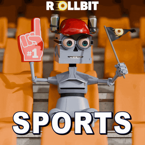 a robot is holding a number 1 foam finger and a flag