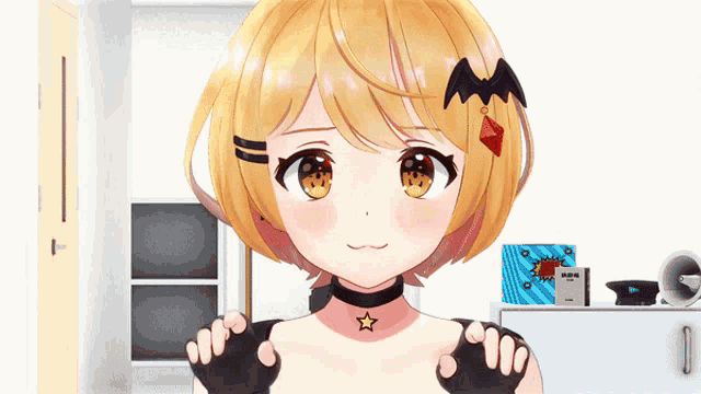a girl with a bat on her head is wearing gloves