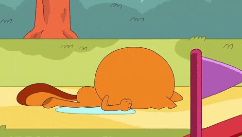 a cartoon squirrel is laying on the ground with a puddle of water on the ground