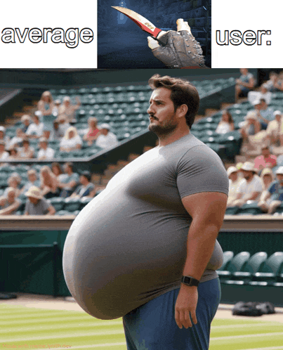 a man with a very large belly is standing in front of a stadium with average and user written on it