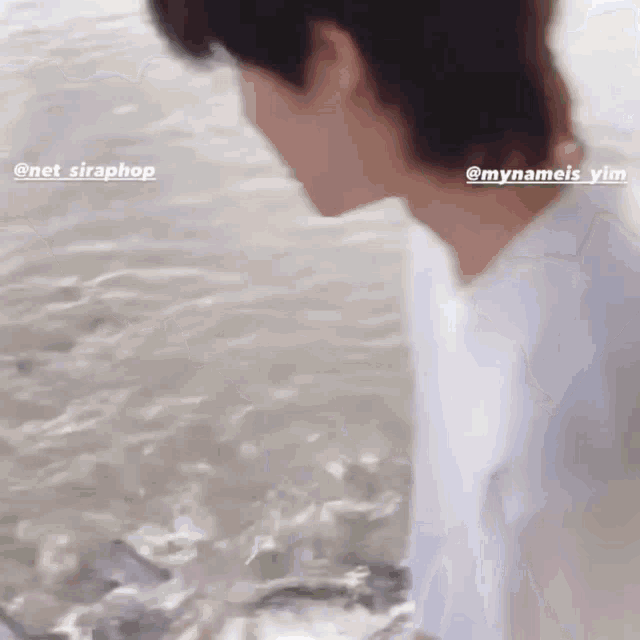 a man in a white shirt is standing in the water near the beach .