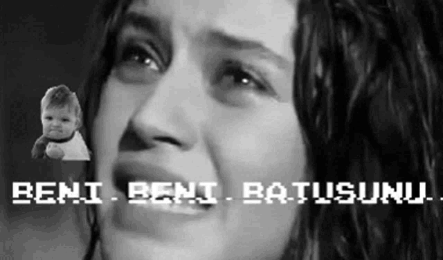 a black and white photo of a woman crying with the words beni beni batusunu on the bottom