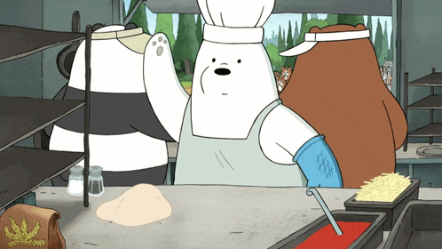 a cartoon of three bears standing around a counter with salt and pepper shakers on it