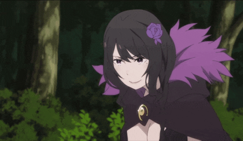 a purple haired anime character holding a sword