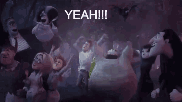 a group of cartoon characters are dancing in a dark room with the words `` yeah '' written above them .