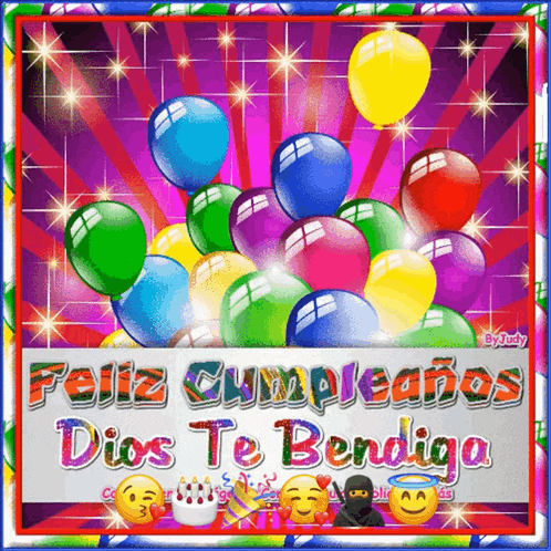 a colorful birthday card with balloons and the words feliz cumpleanos dios te bendiga