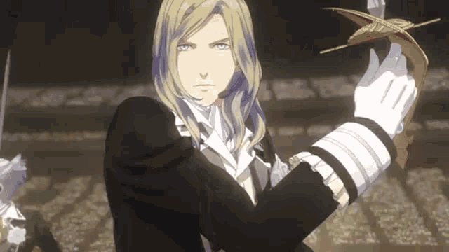a man with long blonde hair is holding a sword in his right hand